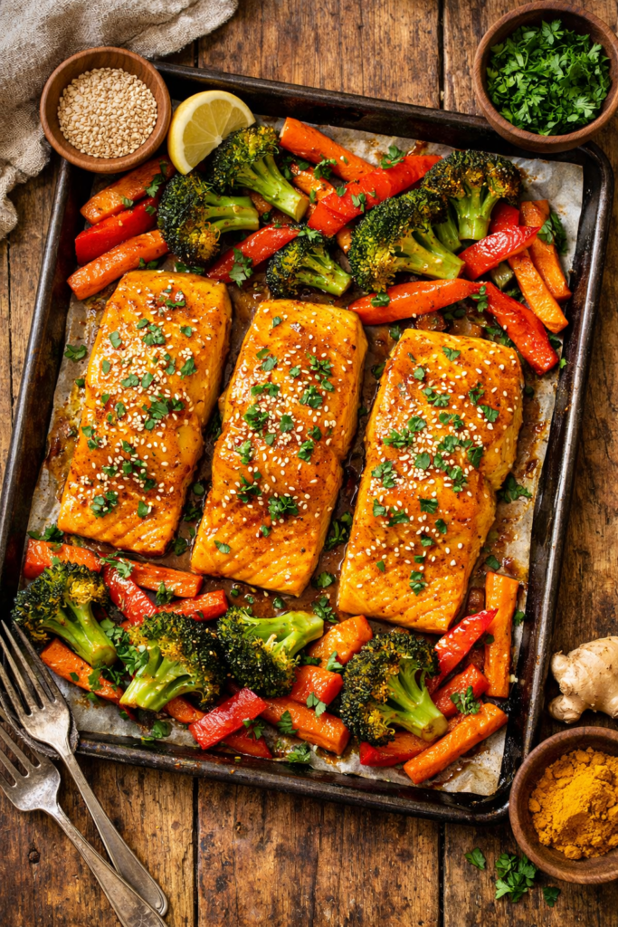 Salmón al Horno con Cúrcuma, Jengibre y Verduras Asadas