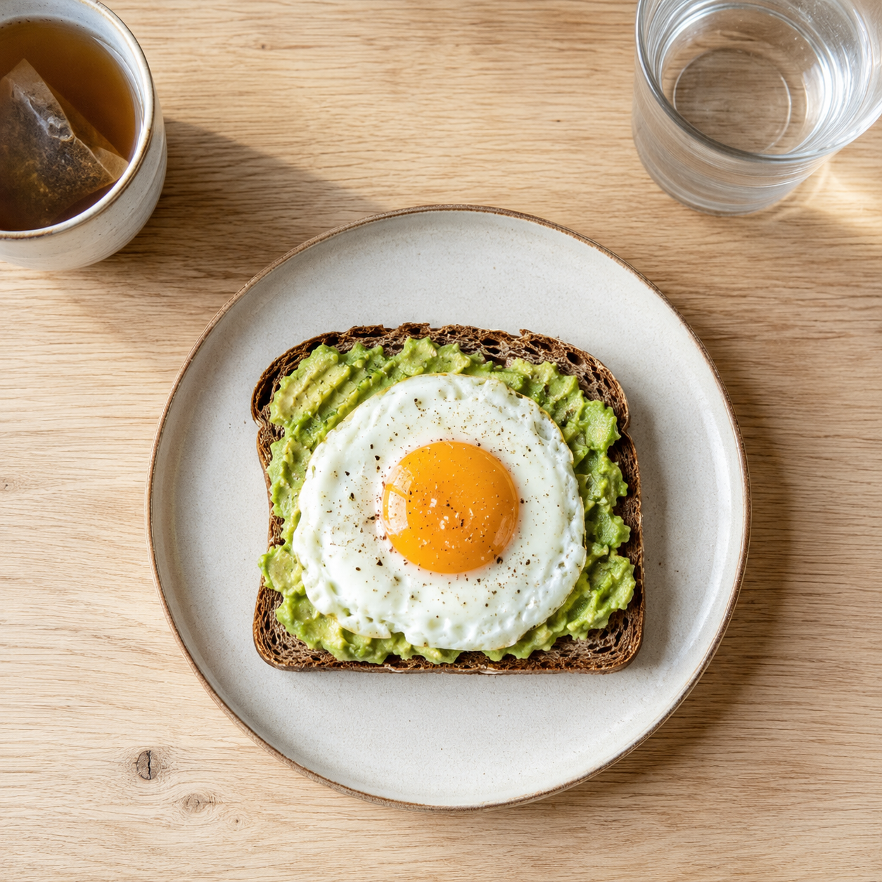 Tostada de pan integral con aguacate y huevo, desayuno equilibrado