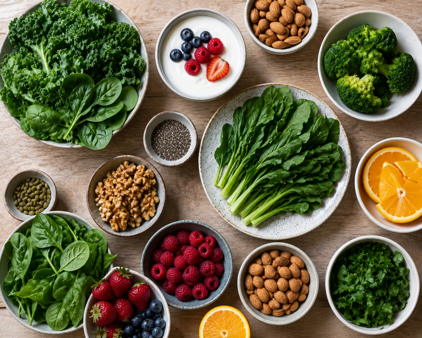 Cuencos de verduras, frutos rojos y frutos secos organizados